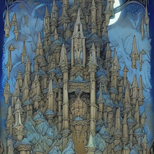 Ancient Castle with Full Moon in Art Nouveau Style