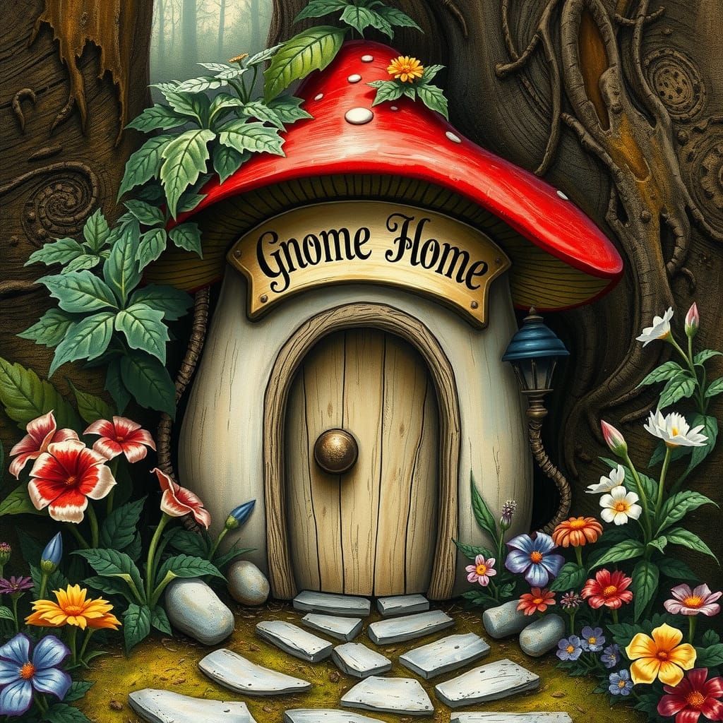 Enchanting Mushroom House Illustration in Rackham Style