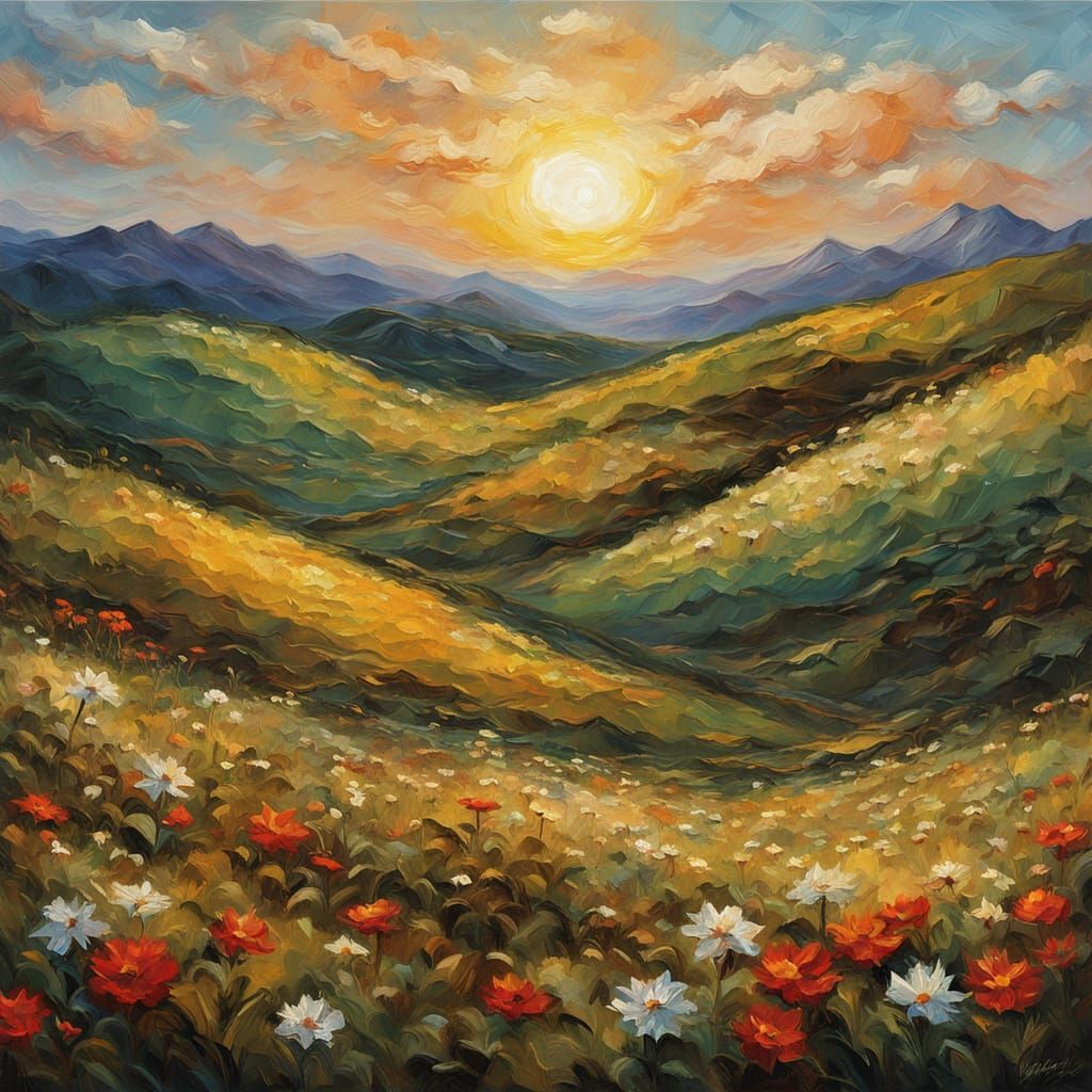 Impasto Landscape at Golden Hour with Wildflowers
