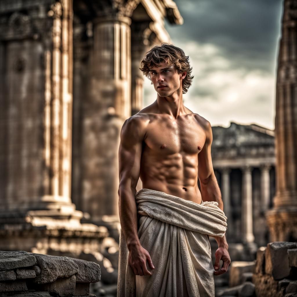 Young Man in Toga in Roman Ruins