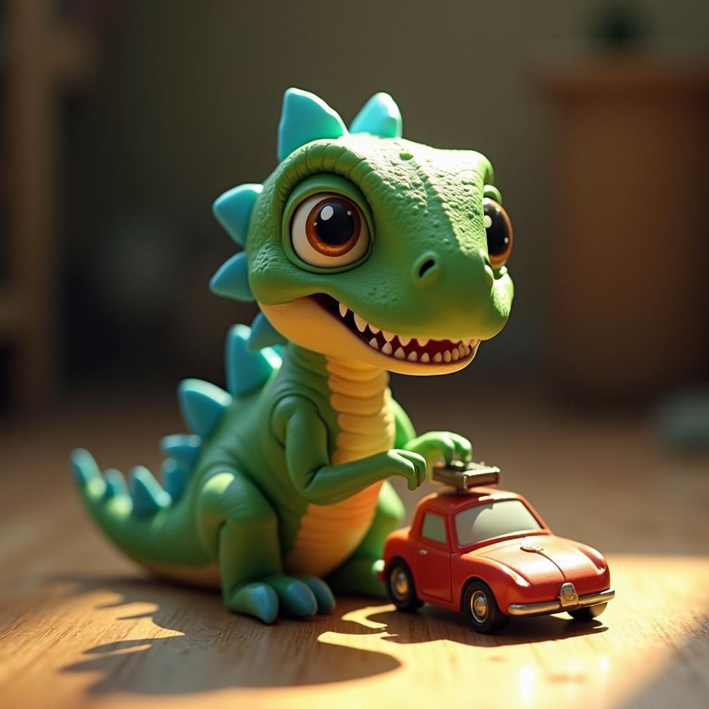 Adorable Green Dinosaur with Toy Car, Cinematic Lighting
