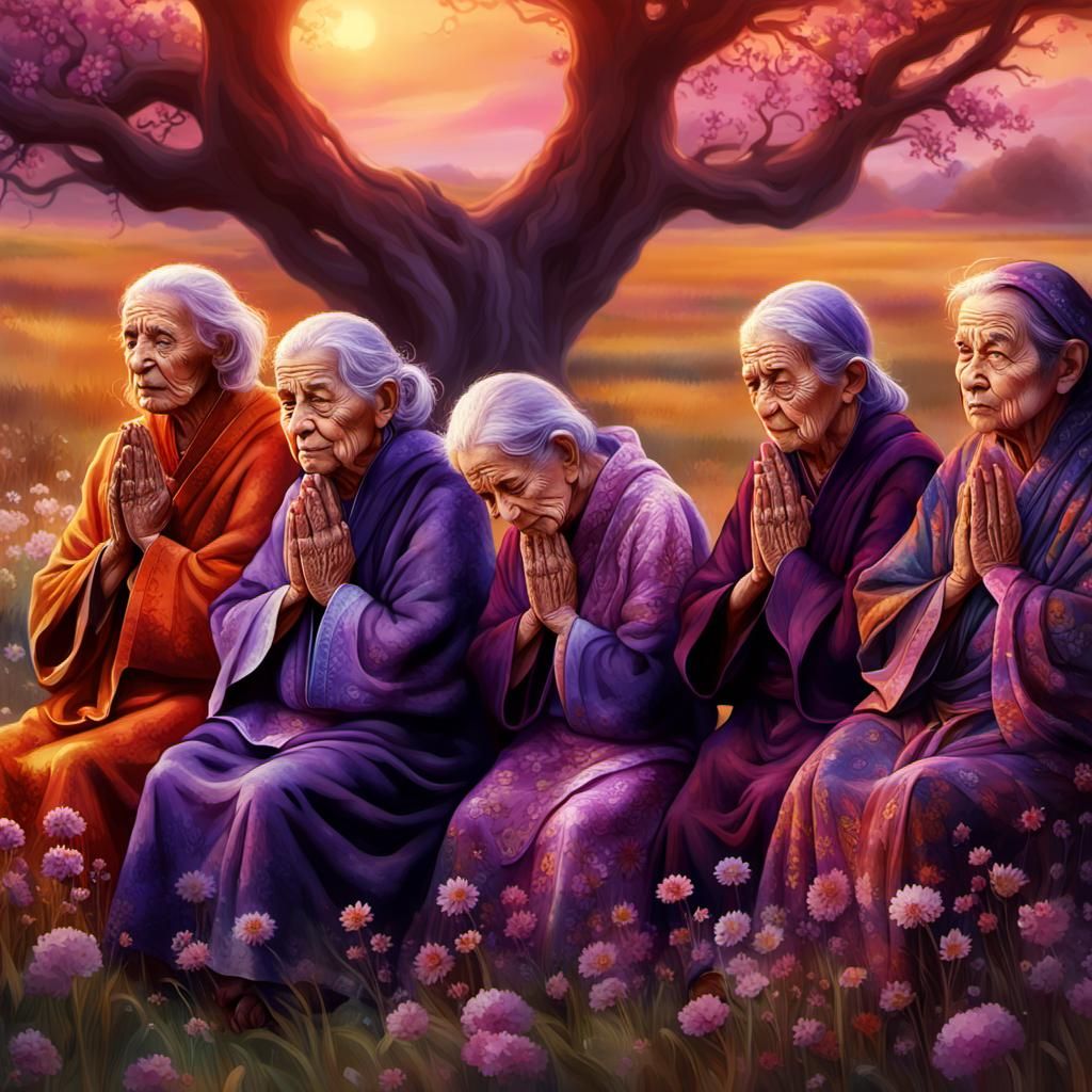 Close-up portrait of a  wise group of elderly women in praye...