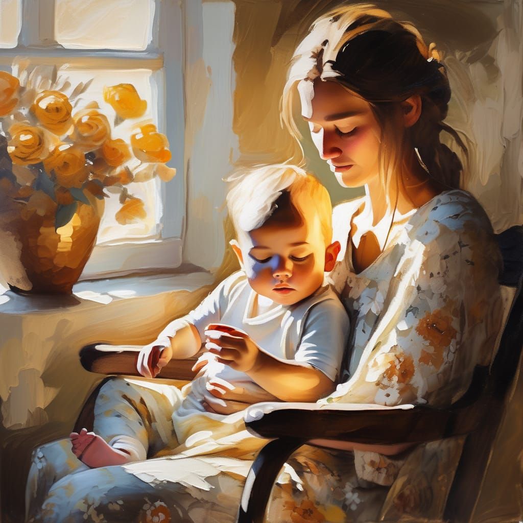 Impressionist Oil Painting of Mother and Baby in Golden Ligh...