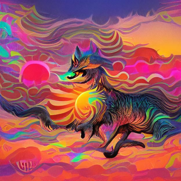 Psychedelic Wolf Howling at Sunset