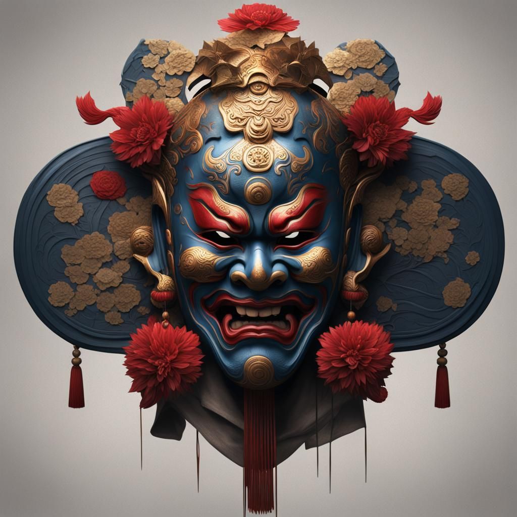 Detailed Noh Mask in Gold and Blue