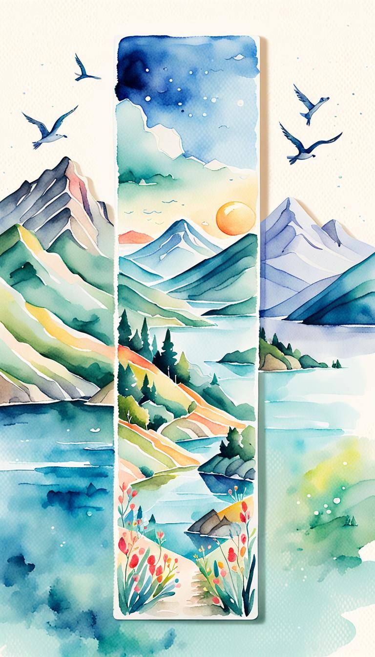 Watercolor Bookmark with Sea Mountain Landscape