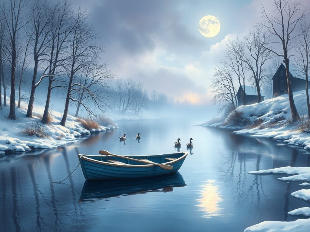 Dreamlike Winter Scene with Tranquil River and Wooden Boat