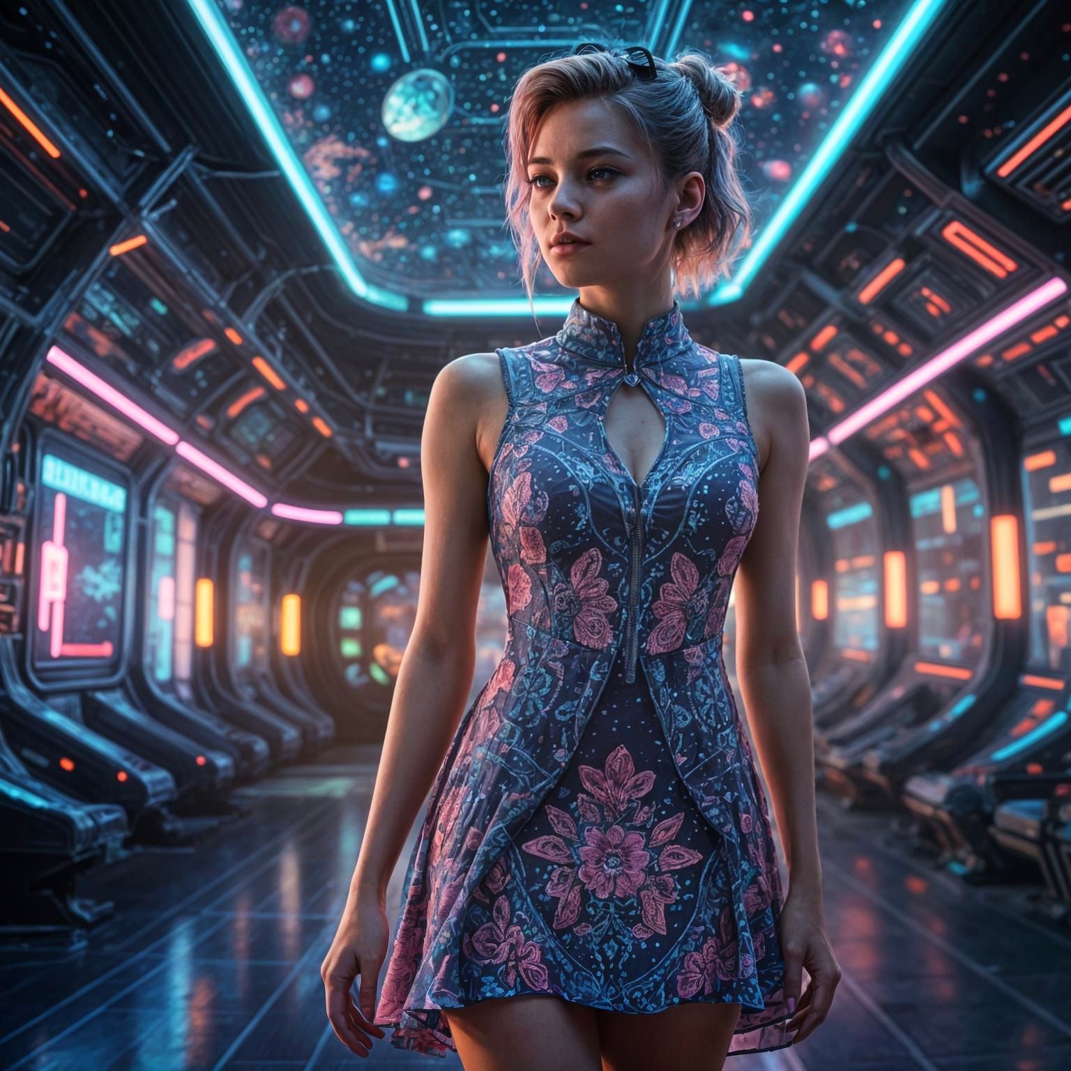 Cyberpunk Female in Neon Space Port