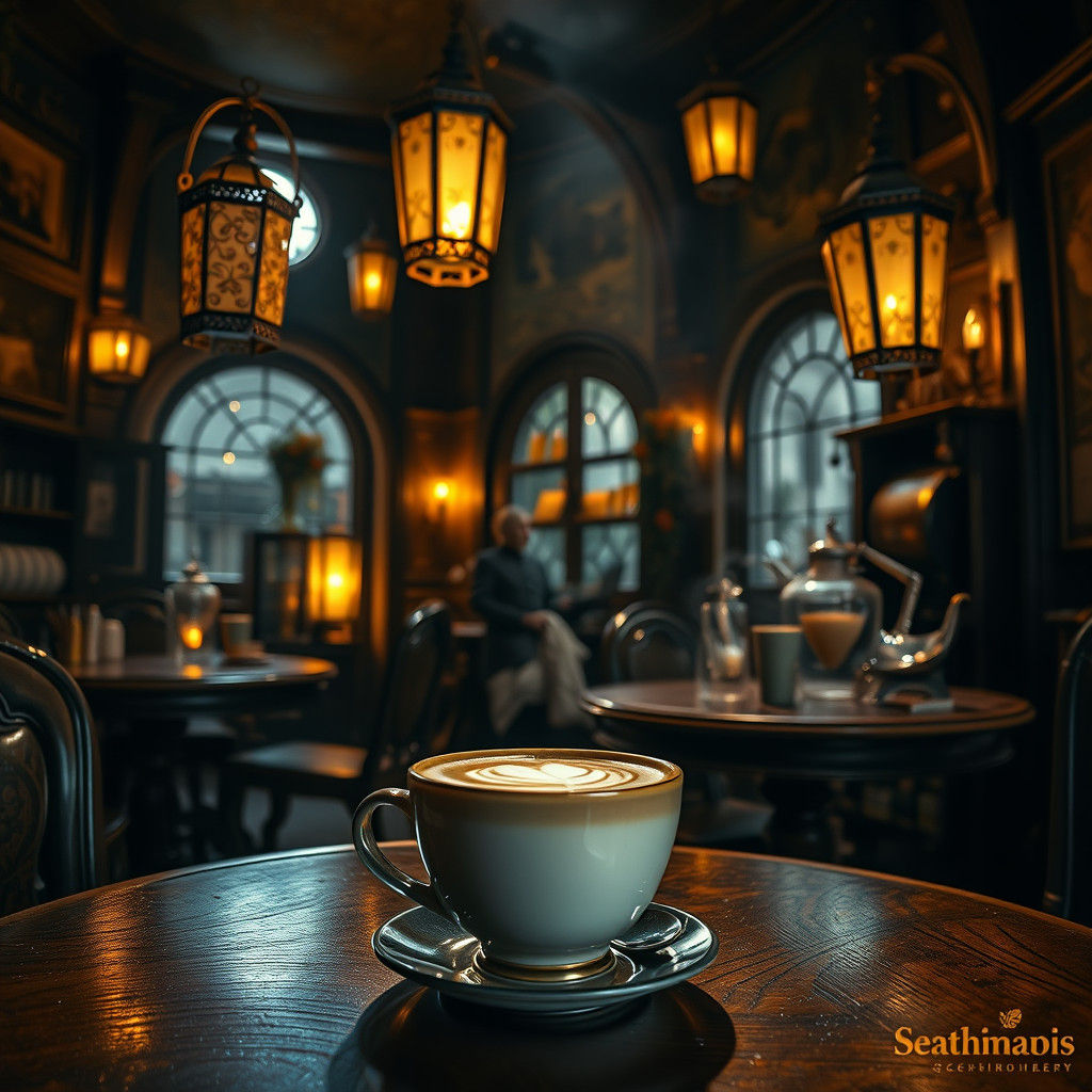 Mystical Coffee Shop Scene in Hyper-Realistic Style