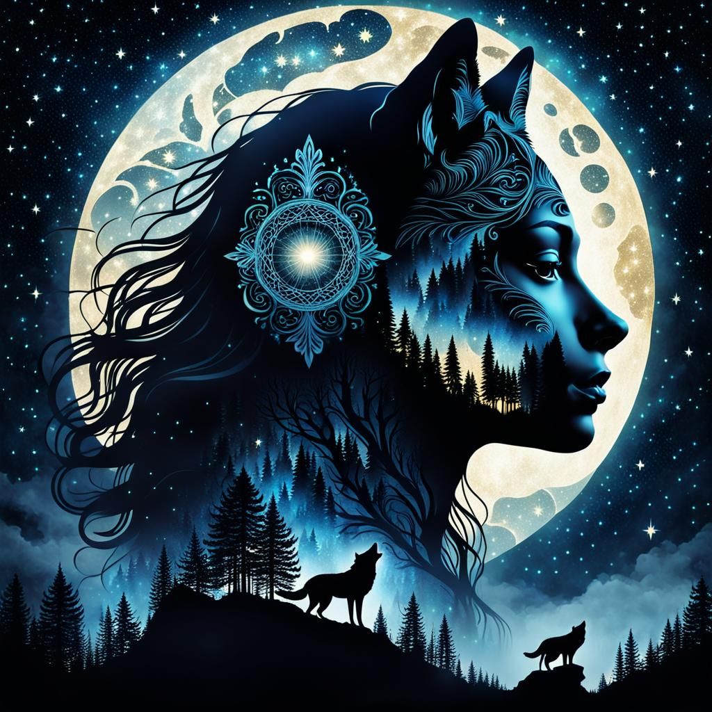Wolves silhouette howling to Mother Wolf Moon🐺🌕