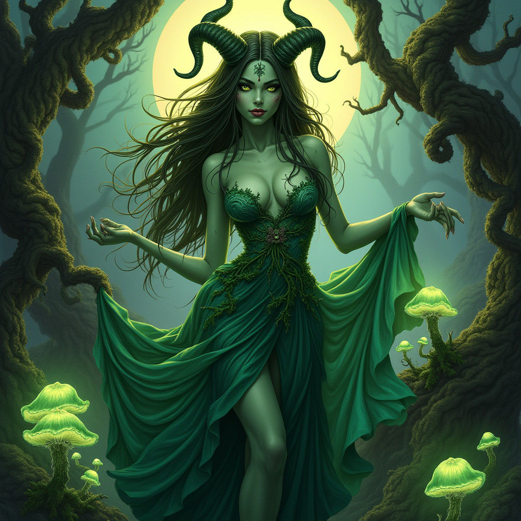Emerald Demon Lady in Moonlit Fantasy Landscape