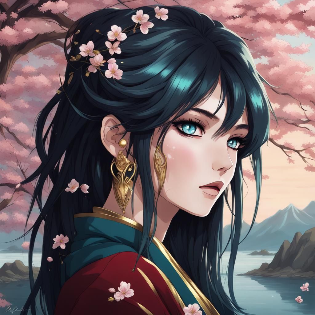 Anime Woman with Cherry Blossoms