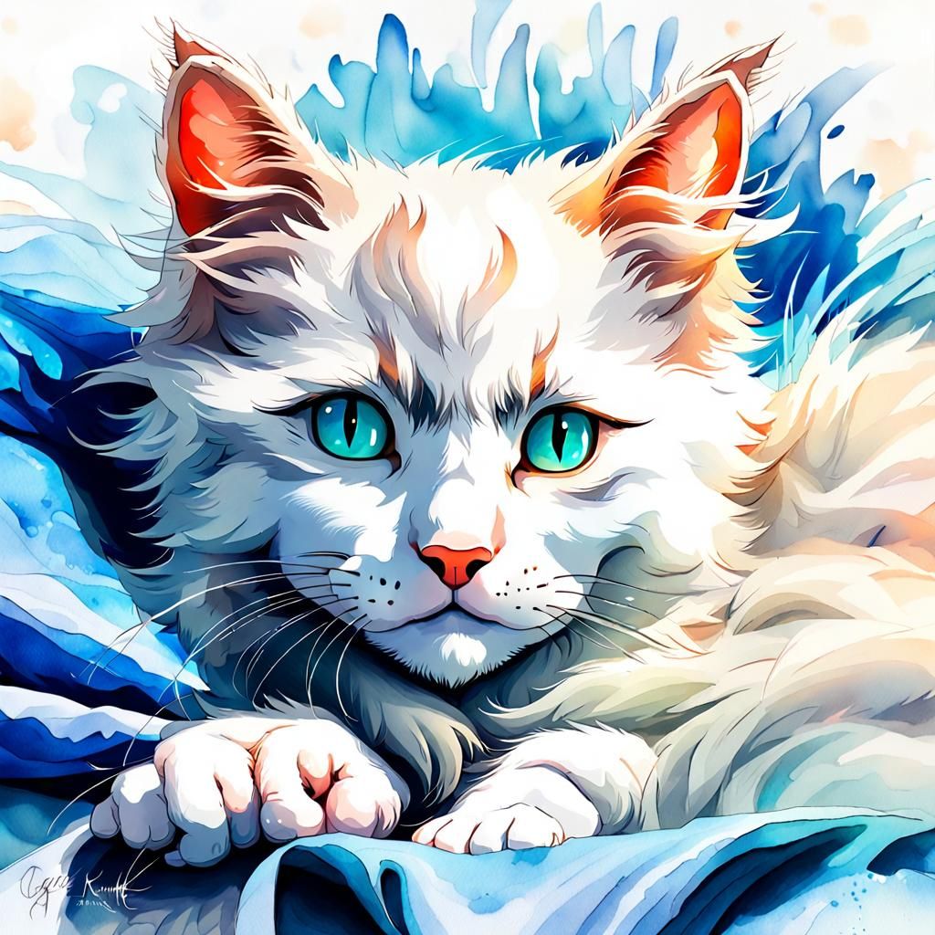Long-Haired Kitten Portrait in Watercolor Style