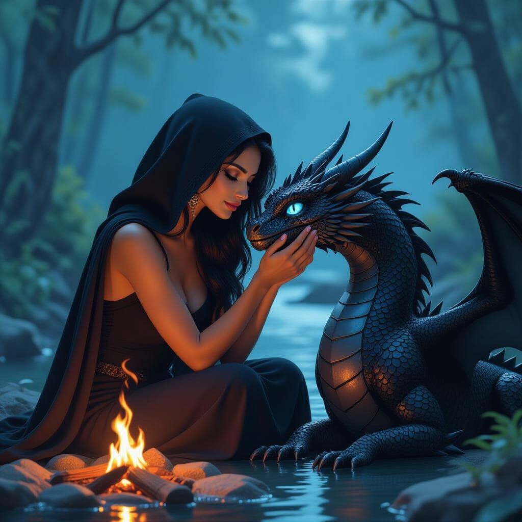 Woman and Dragon in Forest, Art Nouveau Style