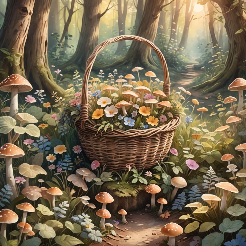 Enchanted Forest Basket: A Whimsical Watercolor Fantasy