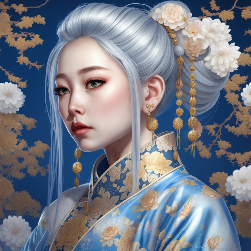Girl in Kimono Portrait on the Moon: Digital Art