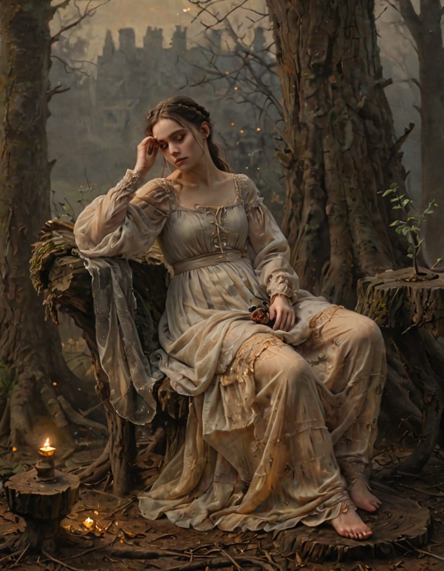 Melancholic Girl in Gothic Oil Painting