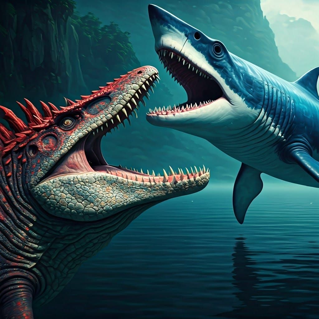 Mosasaurus vs Megalodon in Opal, Digital Matte Painting