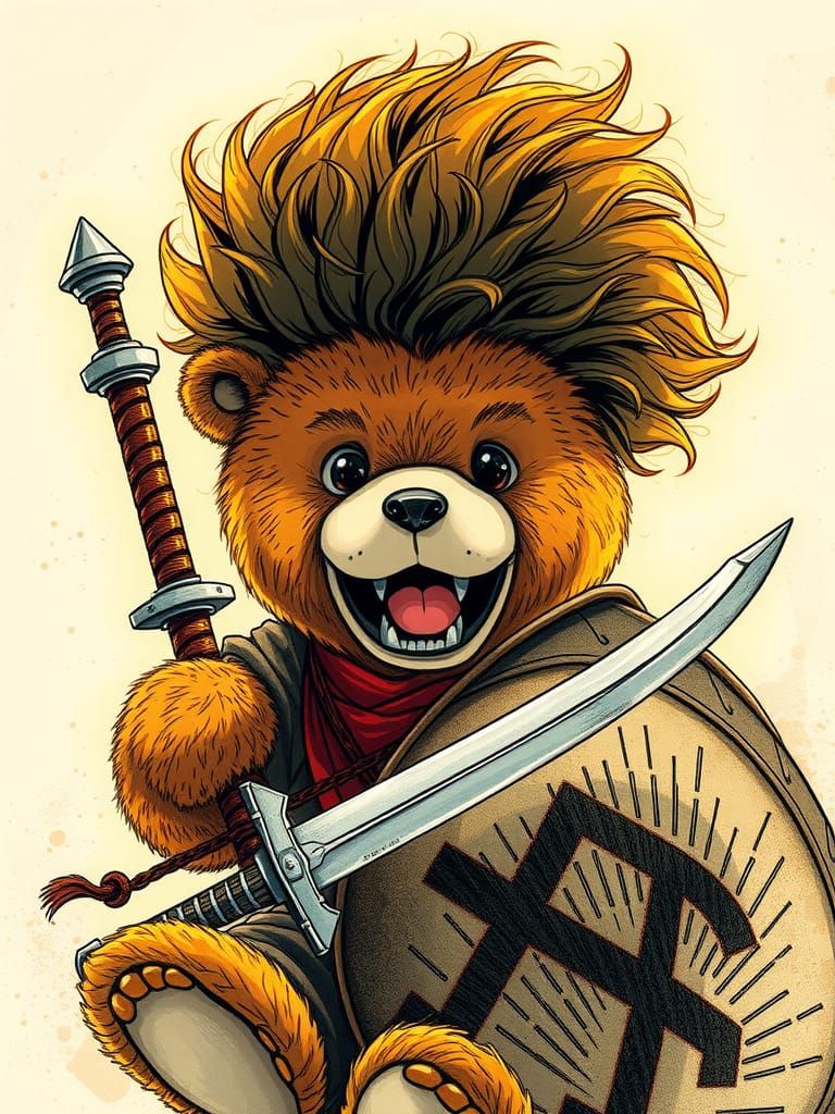 Teddy Bear Warrior with Afro, Manga-Inspired Art