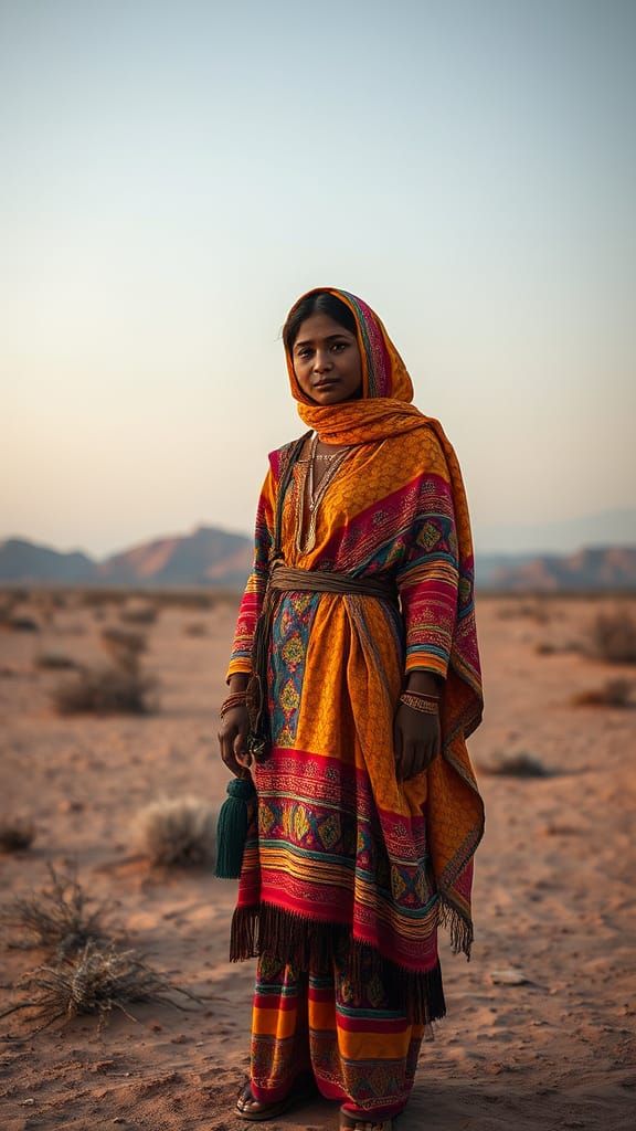 Zahia in Traditional Clothing in Arid Landscape