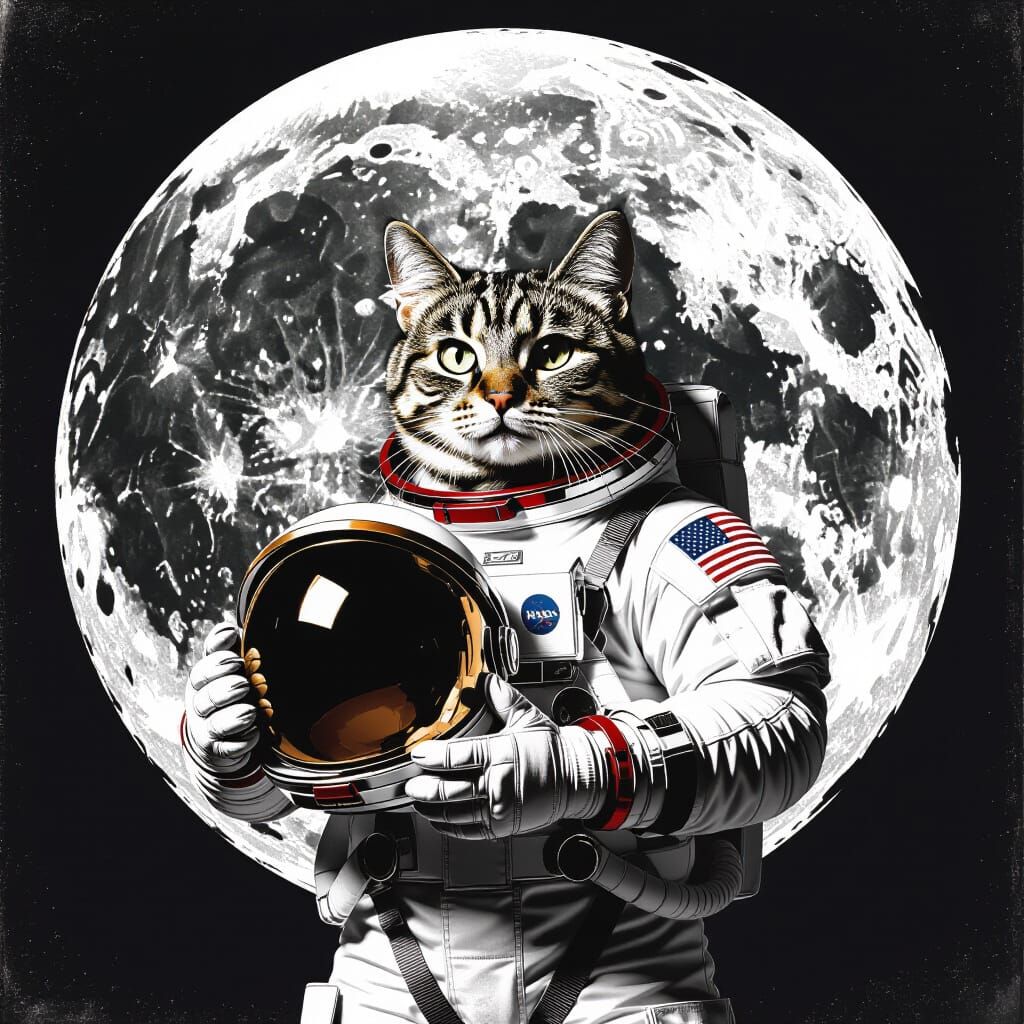 Cat Astronaut on the Moon in Retro-Futuristic Style