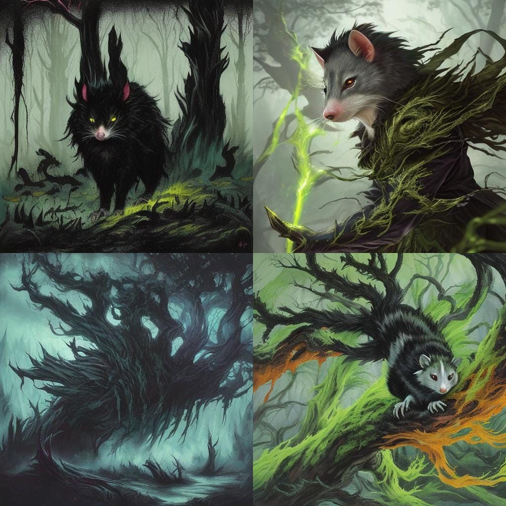 Demonic Opossum in Dark Storybook Style