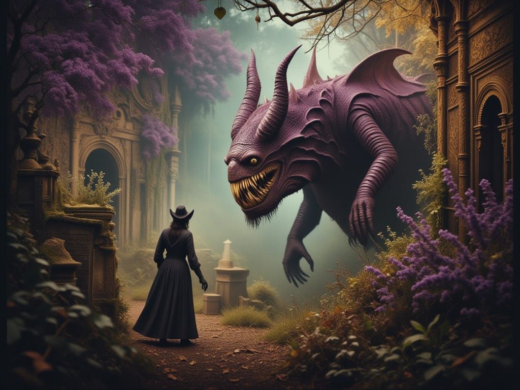 Snallygaster Confronts Jabberwocky in Dark Fantasy Setting