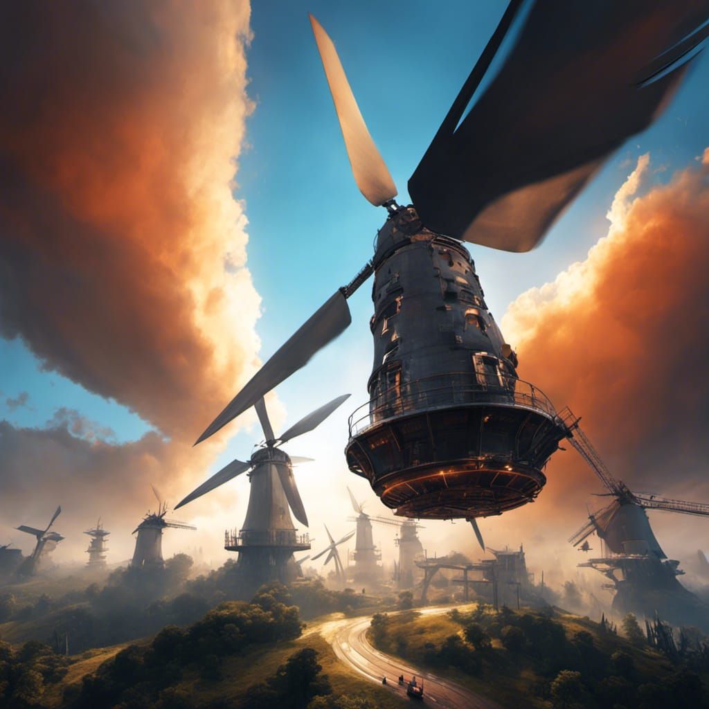 Cyberpunk Windmills in a Post-Apocalyptic Cityscape