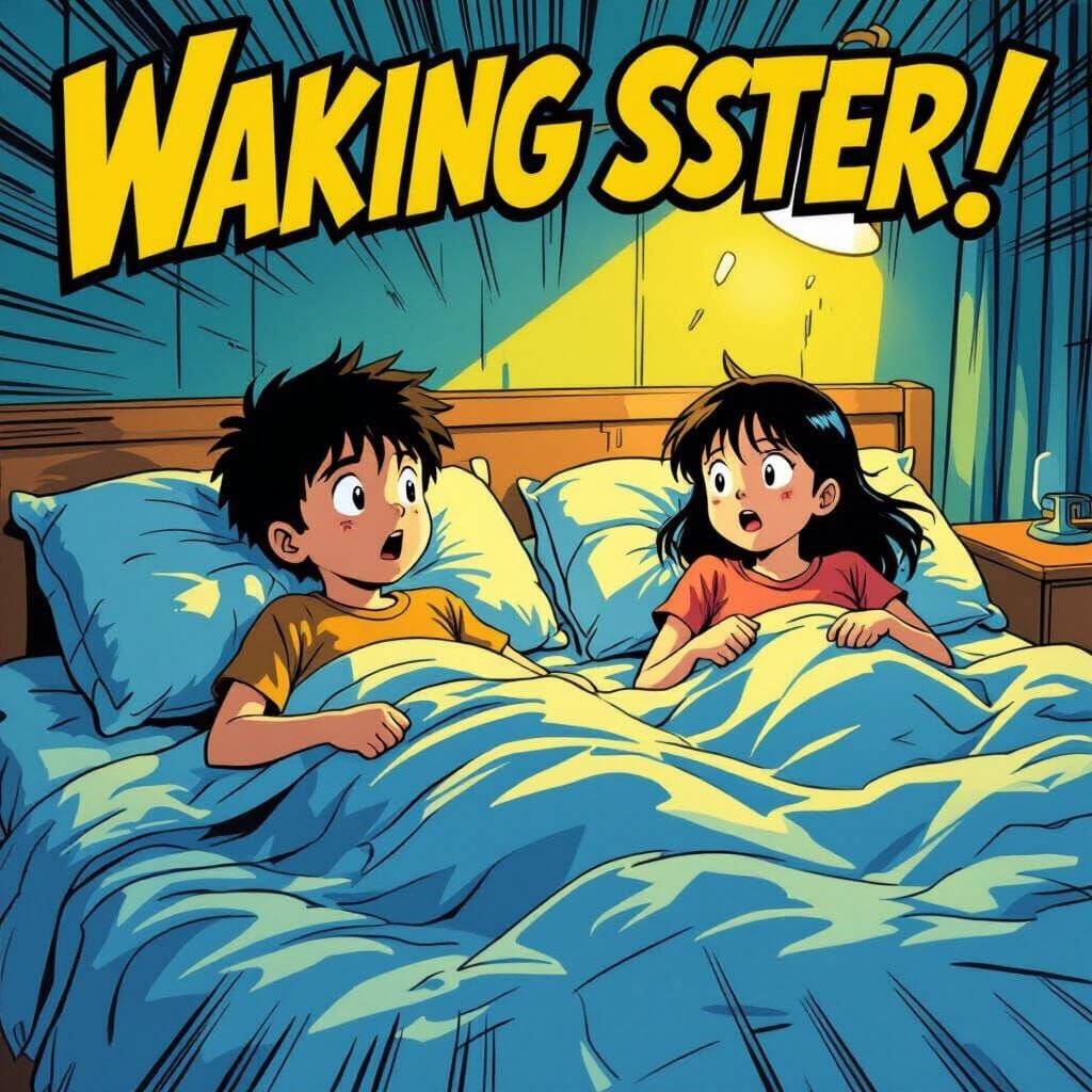 Boy Wakes Sister to Wet Bed in Comic Style