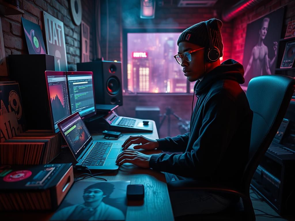 Music Producer at Work in Cyberpunk Studio