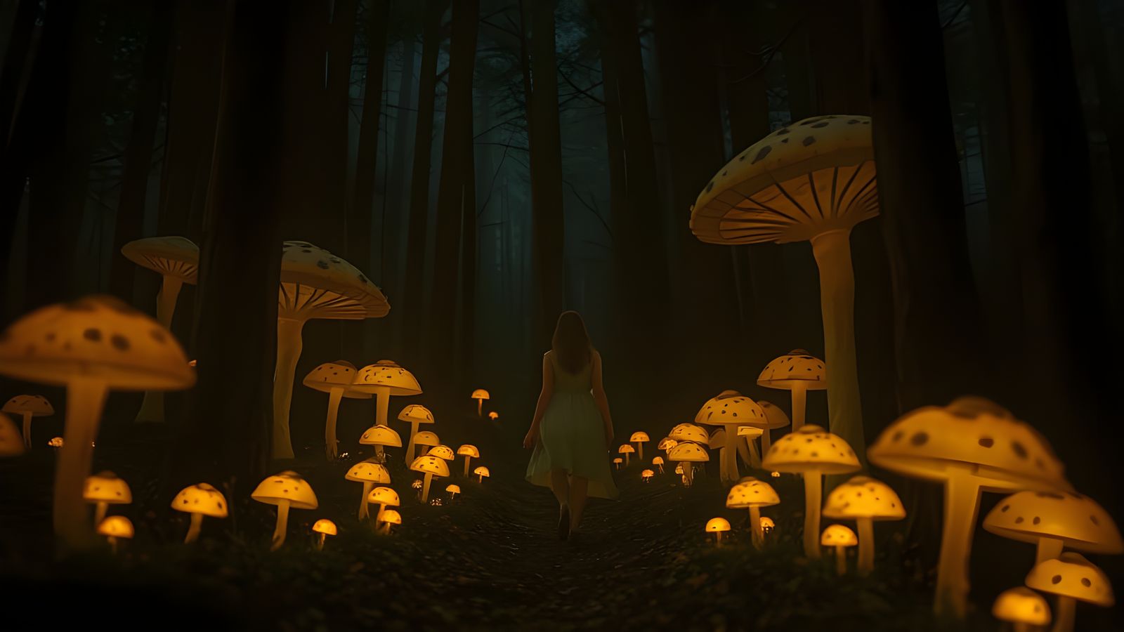 Glowing Mushrooms in a Dark Forest at Night