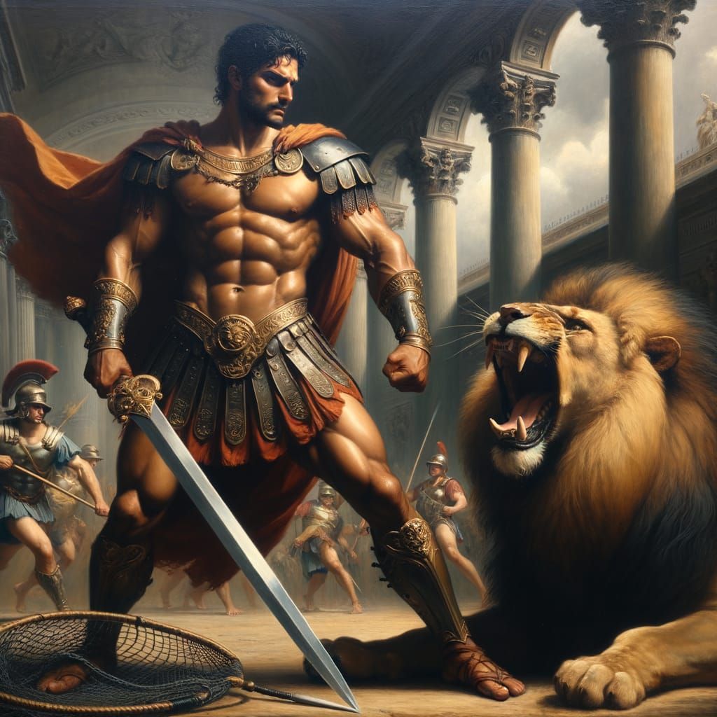 Baroque Warrior Confronts Fierce Lion in Roman Arena