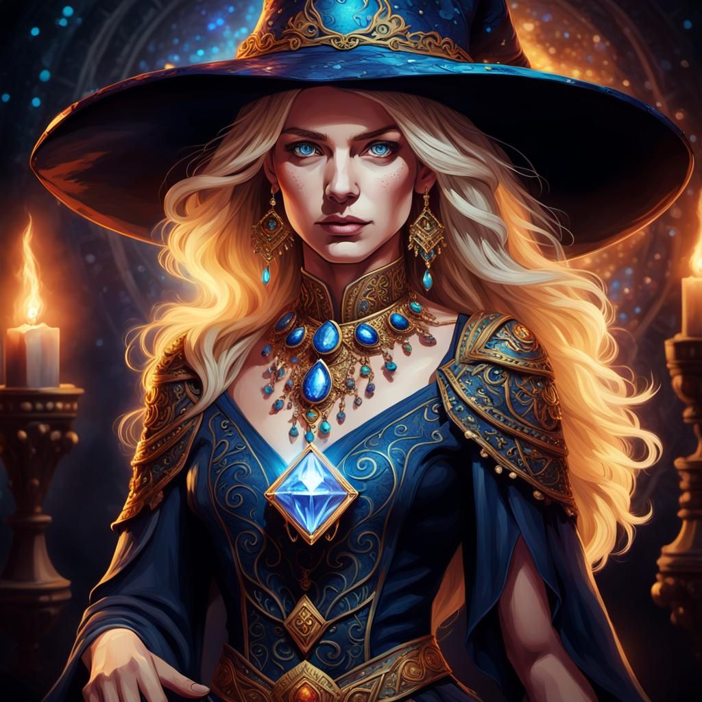 Mystical Blonde Witch with Glowing Crystal: Digital Painting