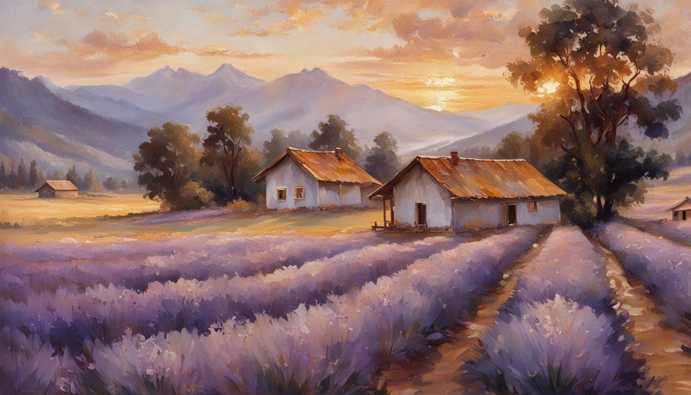 Lavender Field Sunrise in Oil Painting Style