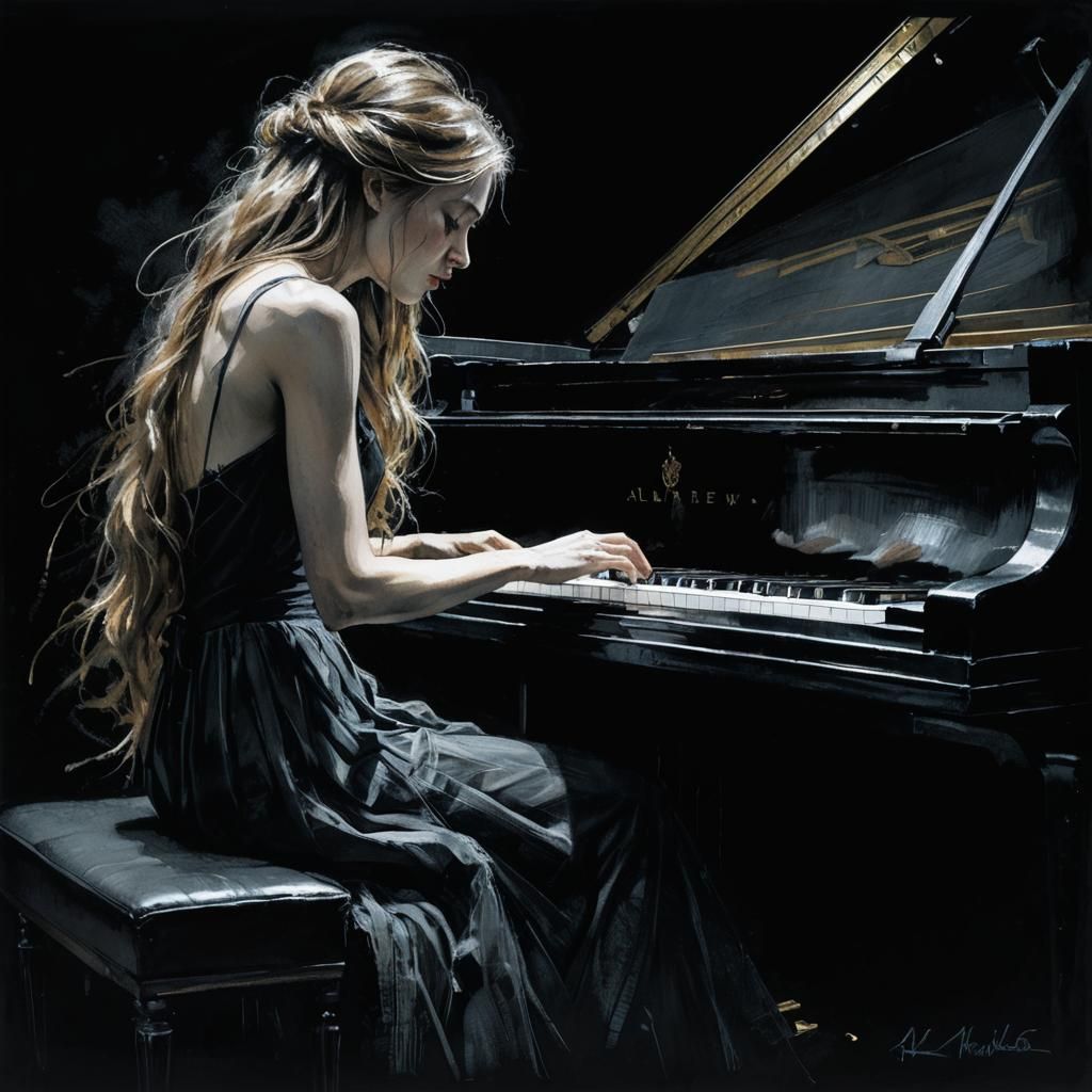 Dramatic Chalk Sketch of Woman at Piano