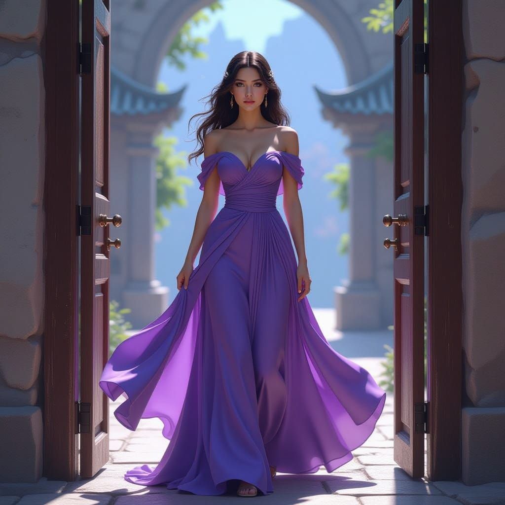 Ethereal Woman in Purple Dress: Anime-Inspired AI Art