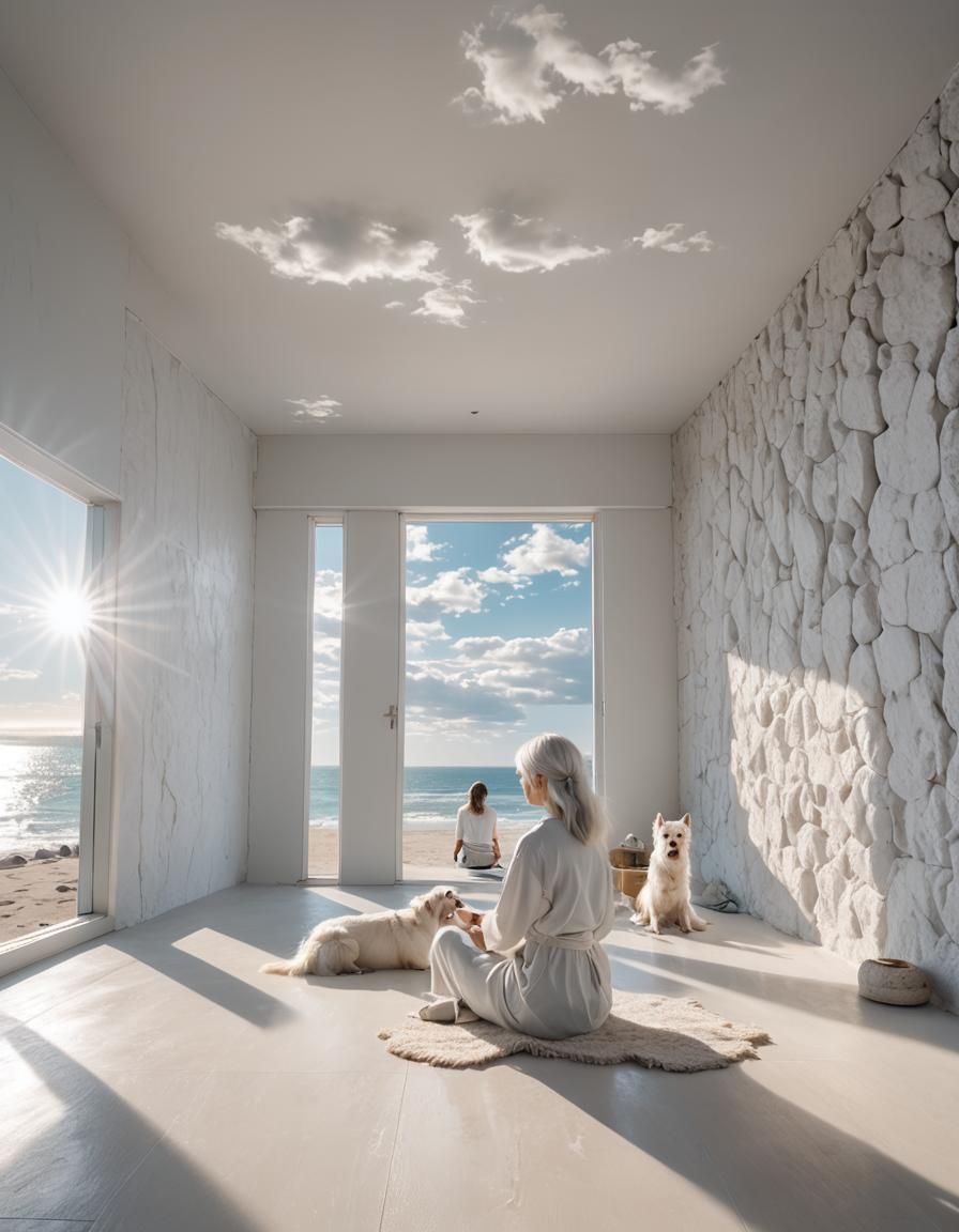 Serene Seaside View with Meditating Girl
