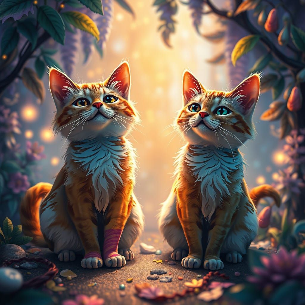 Playful Whimsical Cats in Surreal Fantasy Landscapes