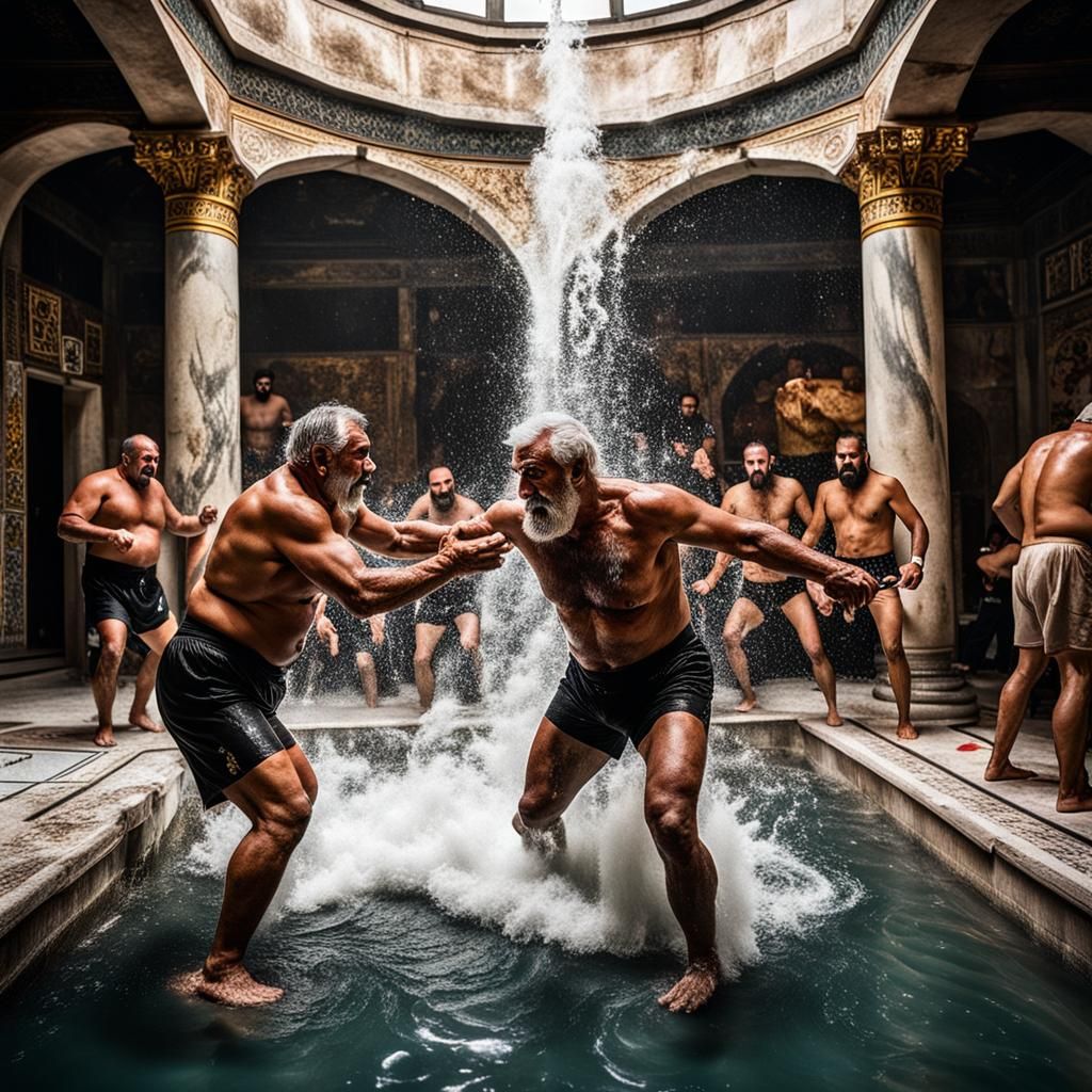 Turkish Oil Wrestling in Historic Hamam, Expressive Figurati...