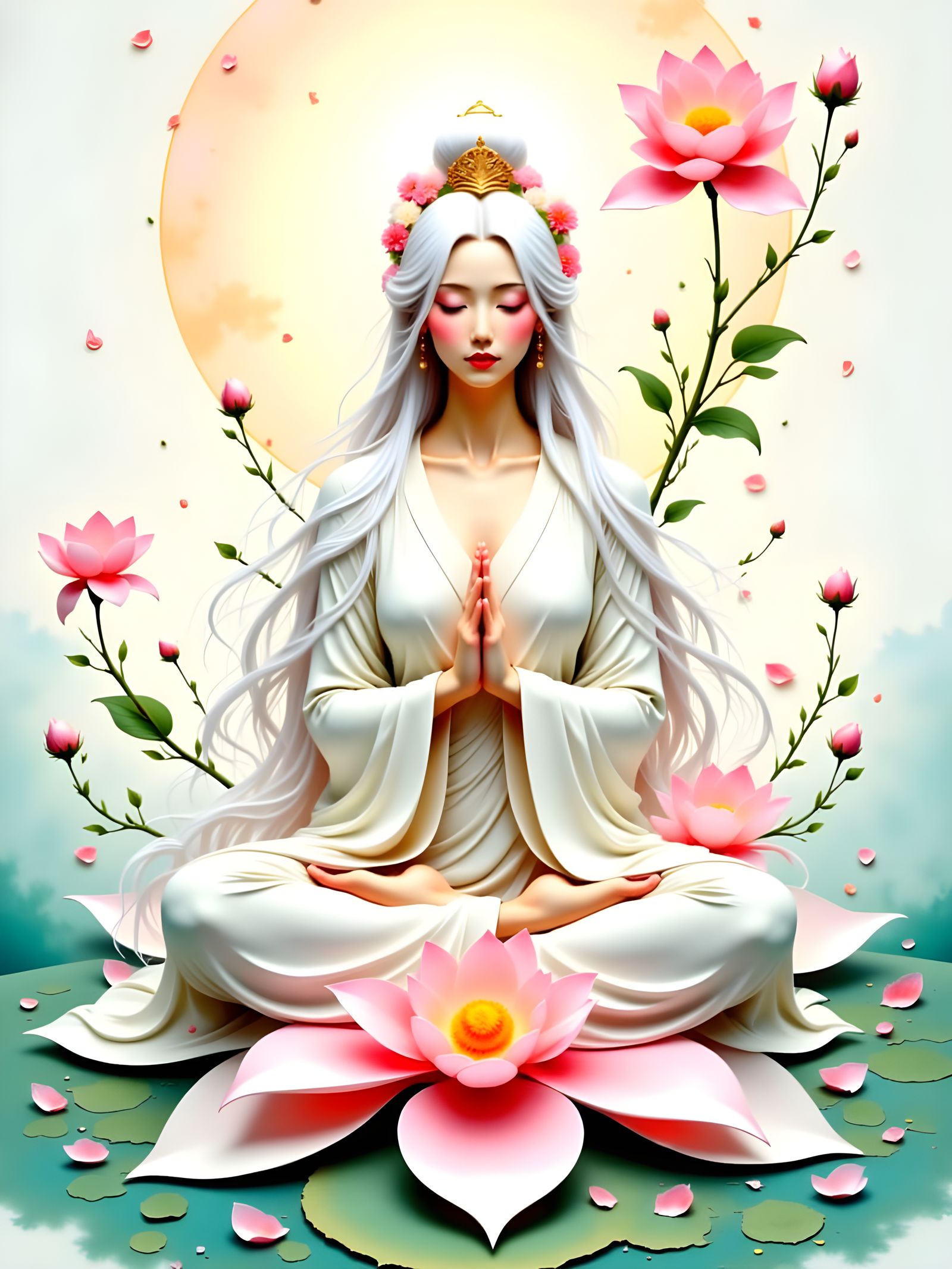 Kuan Yin Meditating on Lotus in Chinese Painting Style