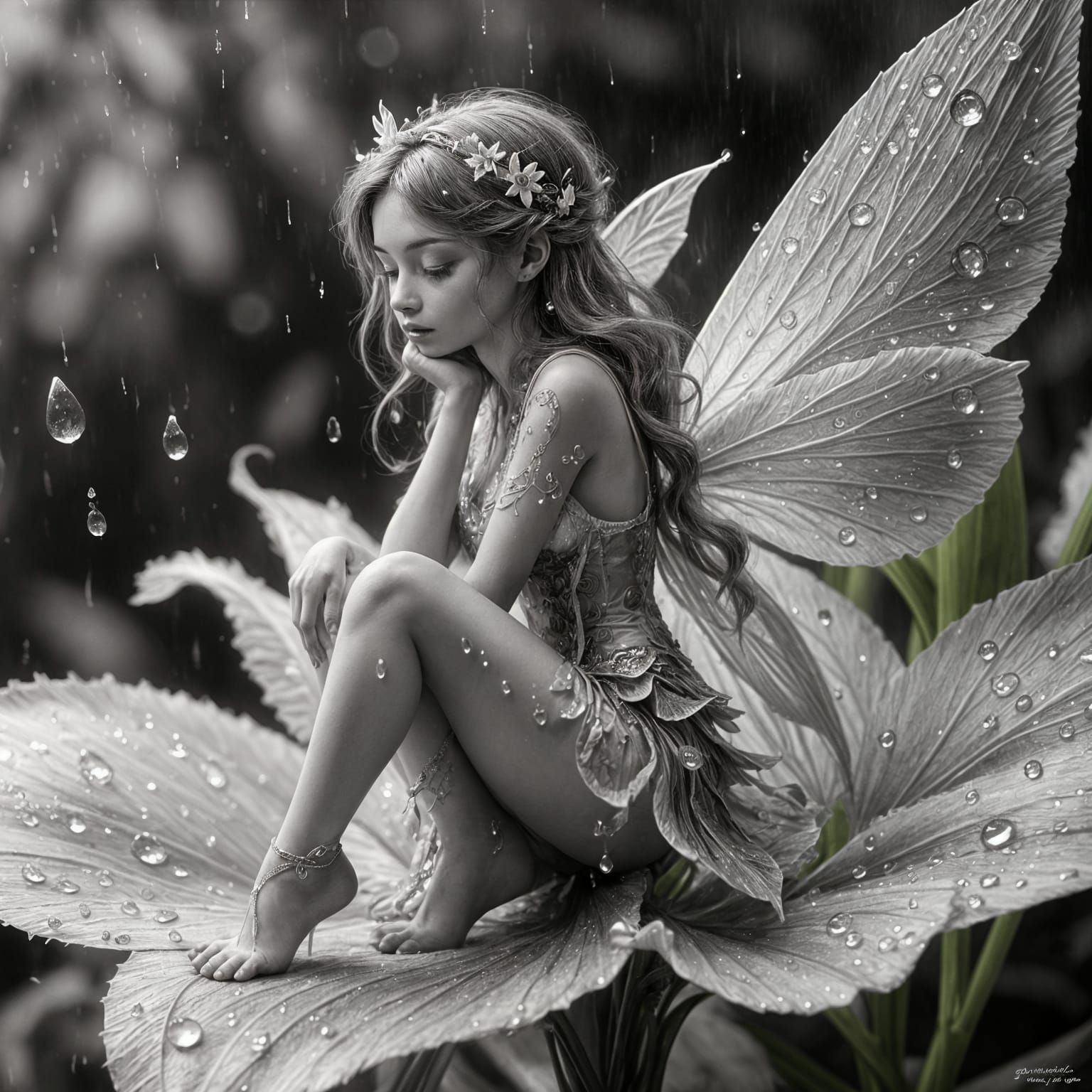 Tiny Sad Fairy on Giant Lily: Detailed Pencil Art