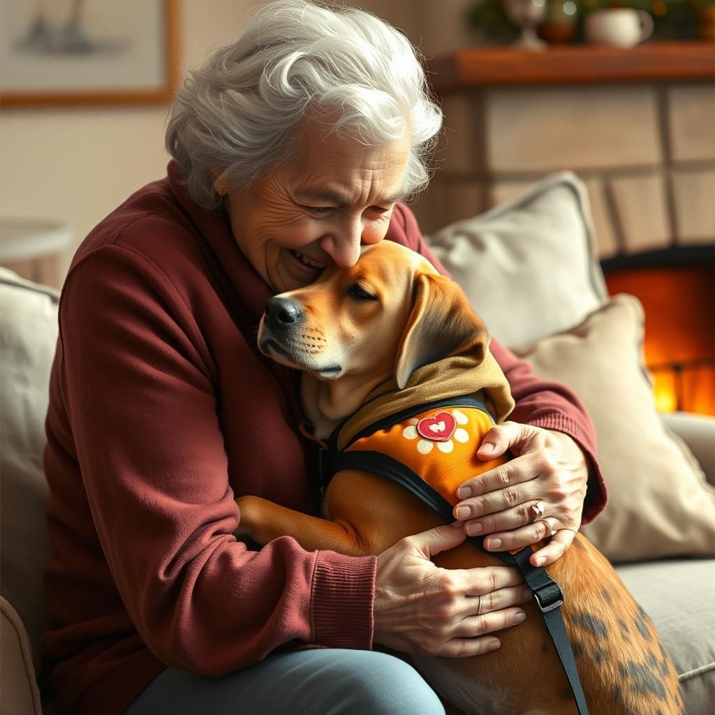 Affectionate Embrace: Elderly Person and Service Dog