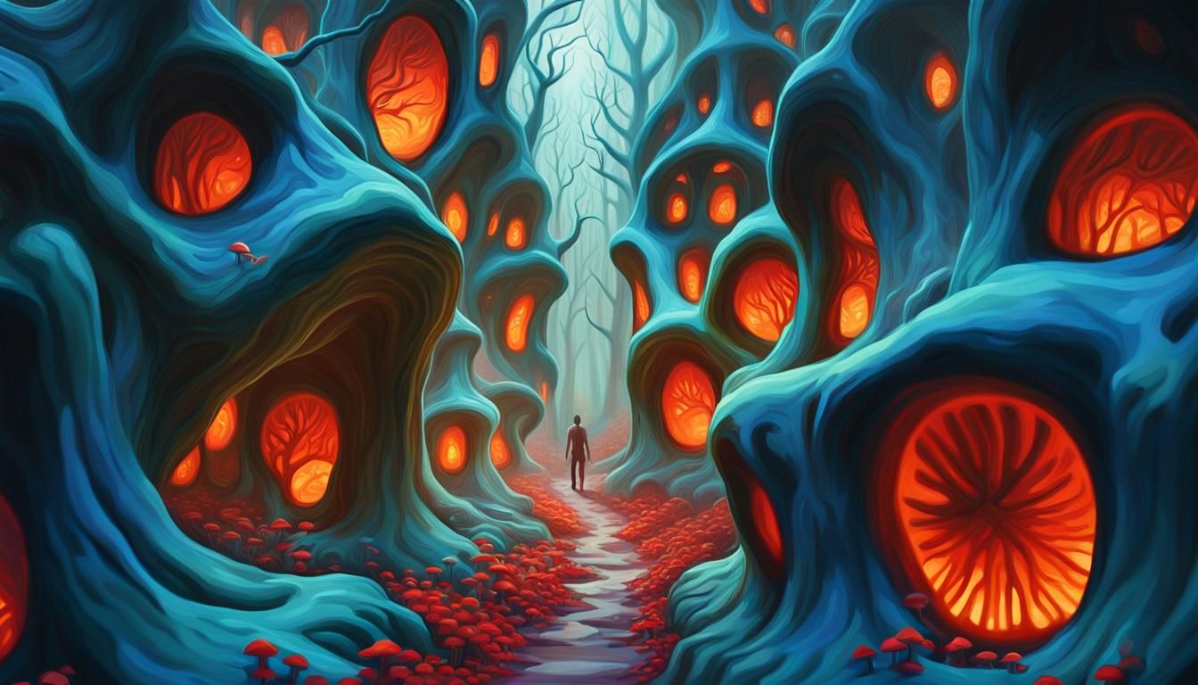 Alien Creature in Eerie Forest: Surreal Oil Painting