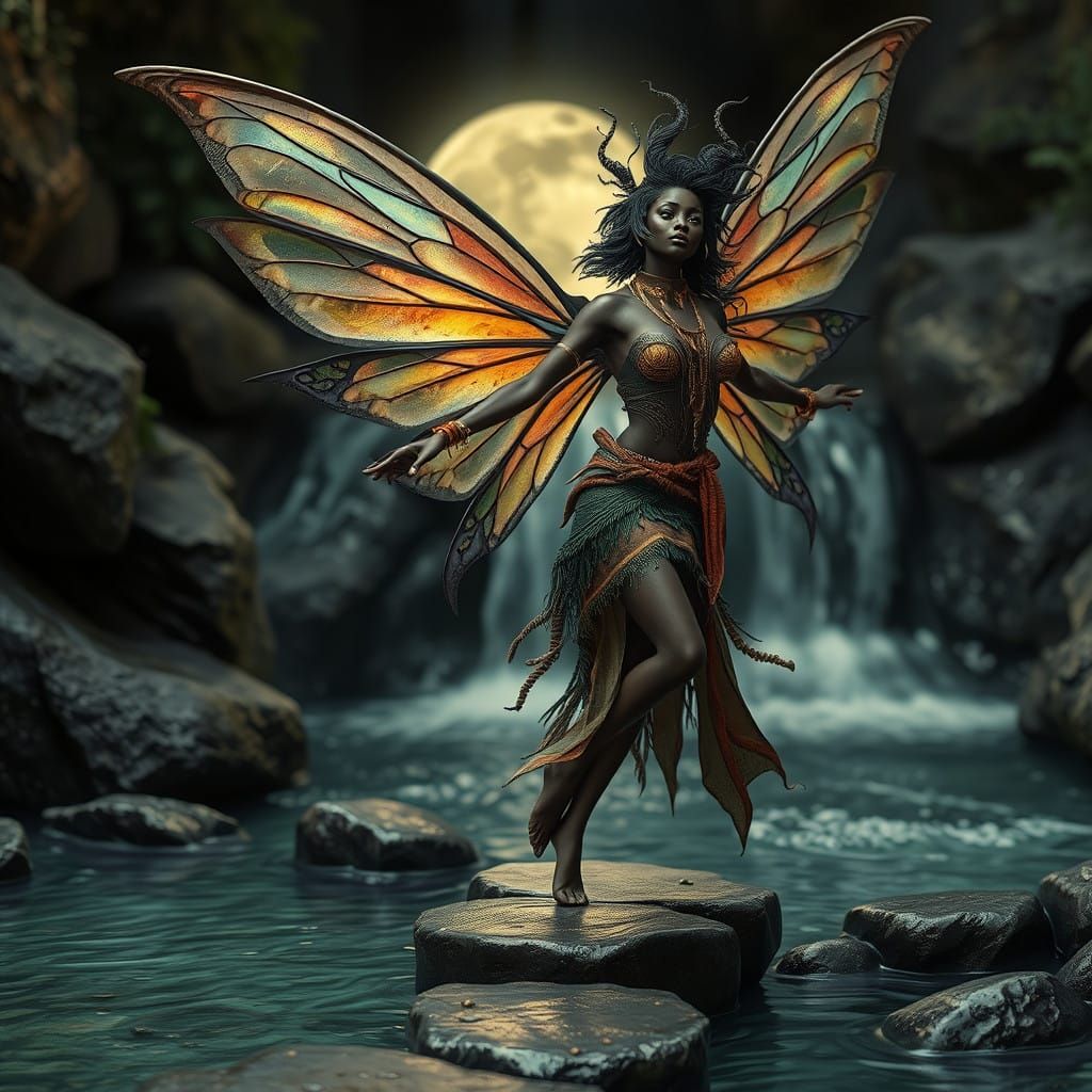 Dark Skinned Fairy Dancing under Moonlit Waterfall in Fairyp...