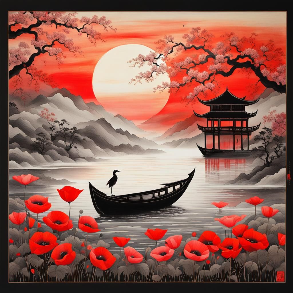 Magical Sunset: Chinese Ink Painting with Big Bird