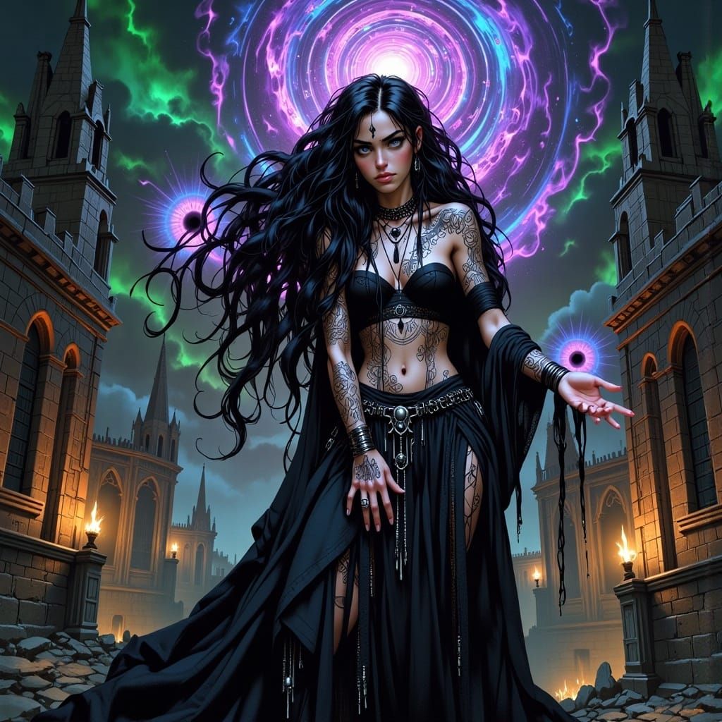 Mystical Warlock Casting Spell in Fantasy Landscape