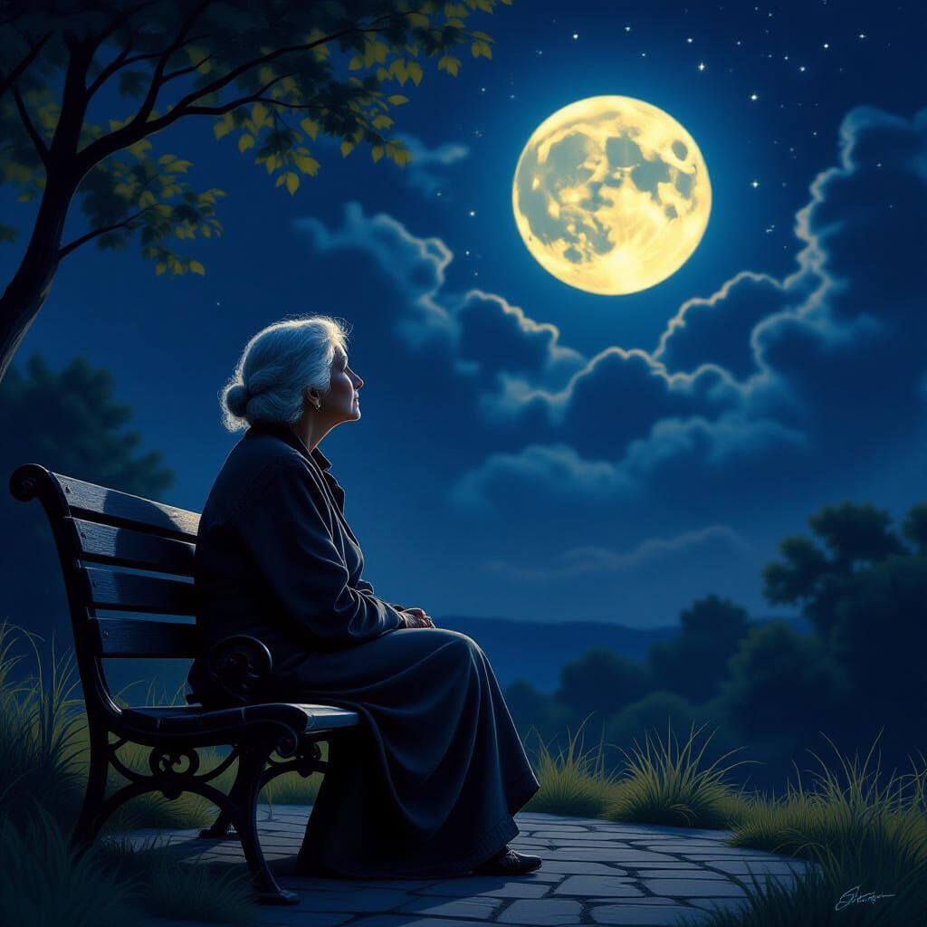 Sorrowful Woman Searches Sky on Moonlit Night