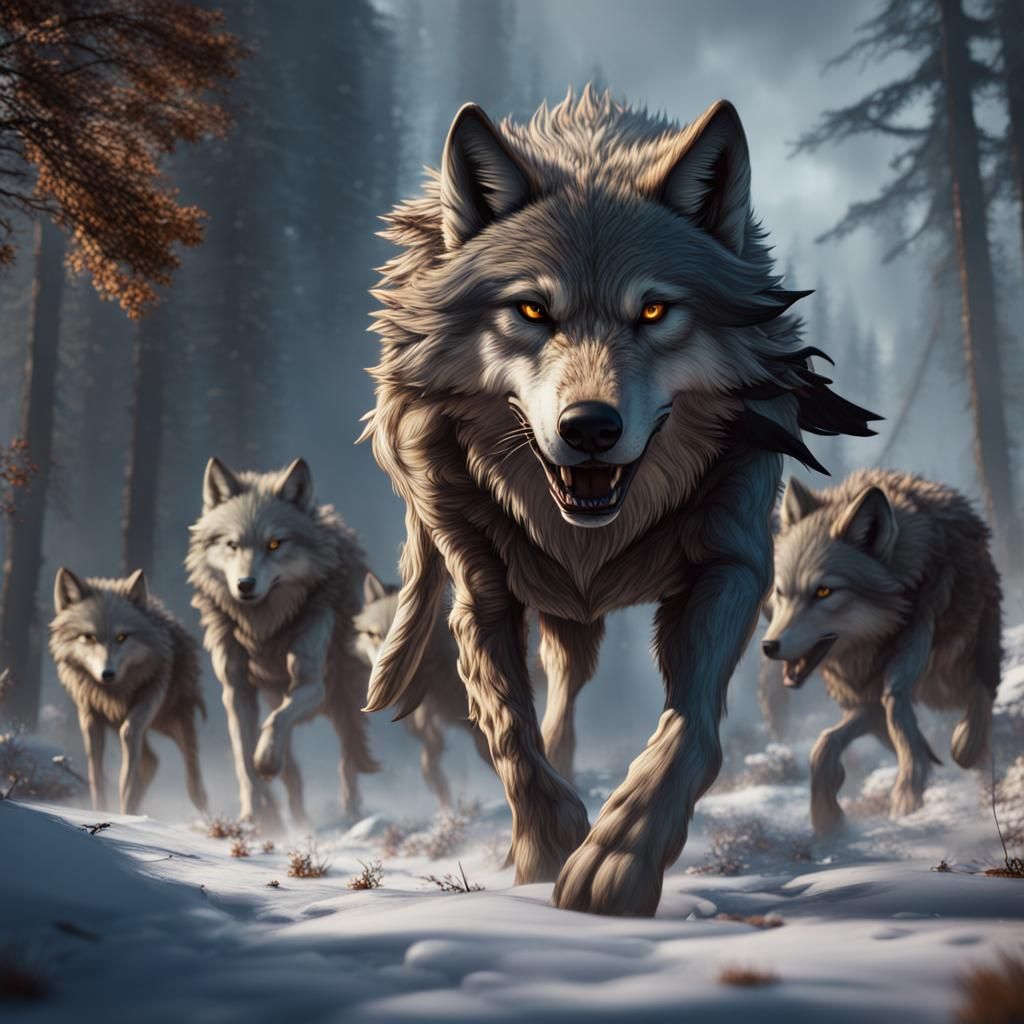 Wolf Pack Hunting Buffalo in Detailed Matte Painting