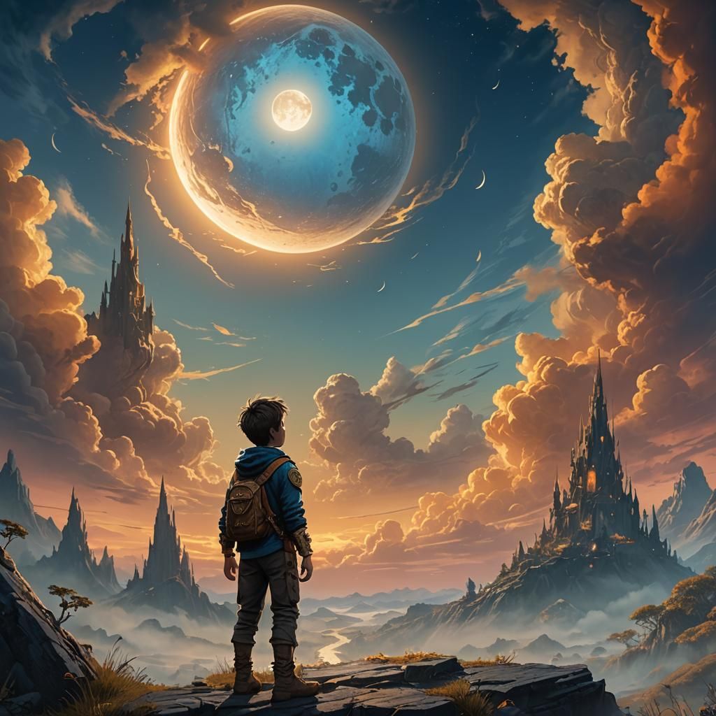 Fantasy Kid Under Sunset Moon, Matte Painting