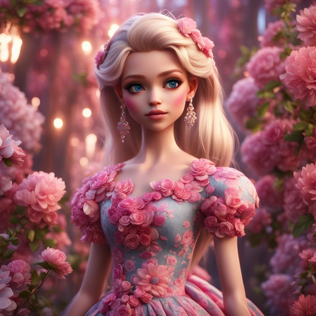 Girly Boy as Barbie in Flowery Gown: Detailed Digital Art
